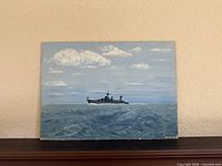 Front view of oil painting showing ship, sea and sky