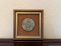 Front view of framed pyrite sun fossil