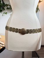 Full view of brass link belt on dress form