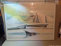 Full view of framed painting showing artwork, frame and glazing