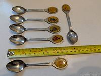 Group of six souvenir spoons beside ruler showing length