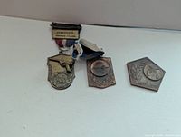Three medals laid out showing shapes and ribbon