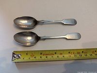 Top view of both spoons beside tape measure showing length