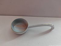 Top view of ceramic spoon showing hand painted interior and gold rim