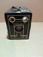 Front view showing Target Brownie Six-20 faceplate, lens, viewfinder, branding