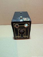 Front view showing Kodak Target Brownie Six-20 faceplate and lens