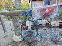 bird bath, resin planter, metal stand, plastic planter wrapped