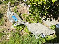 Full view of first goose statue in several broken pieces on ground