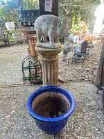 Pig statue on pedestal with blue planter in outdoor setting