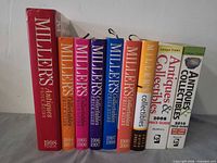 Spine view of nine price guide books showing titles and years
