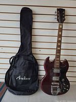 Guitar standing next to gig bag showing overall condition and included case