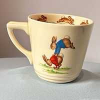 Side view of Bunnykins cup showing two playful rabbits and interior rim graphic