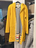 Raincoat front open showing stripe lining and hood