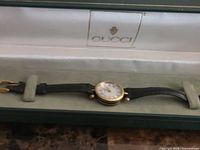 Watch in open Gucci box, showing full view of watch, strap, and case