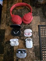 Group shot showing all six headphone/earbud items