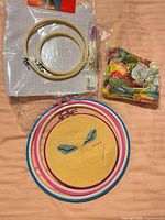 All items laid out: hoops, fabric, floss bag, tool pouch