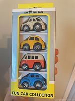 Front of sealed Fun Car Collection box showing four pull-back mini vehicles stacked vertically