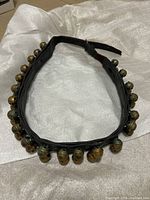 Full view of leather strap formed in a loop, bells along both edges