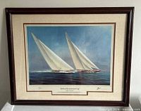 Full view of framed print showing yachts, frame, mat and artwork