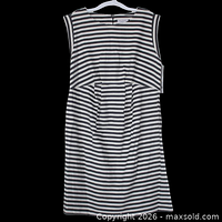 Front view of Liz Lange striped maternity dress on hanger