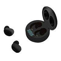 Digital render of black earbuds and open charging case showing LED display
