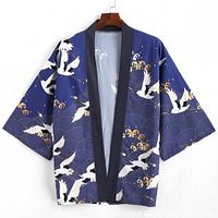 Front view of navy crane print kimono cardigan displayed on hanger