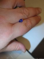 Pear cut Tanzanite resting on finger, showing size and color