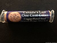 Full view of sealed purple-wrapped roll with text "Canada's Last One Cent Coins"