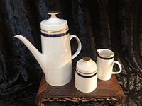 Coffee pot, sugar bowl with lid, creamer—front view shows cobalt and gold bands