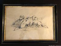 Full view of framed drawing behind glass