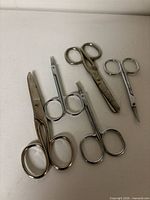 all five pairs of small metal scissors laid out