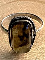 Front view of sterling silver ring with rectangular labradorite stone