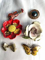 All six brooches arranged on fabric
