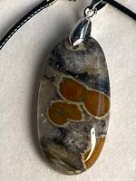 Front view of oval ocean jasper pendant on cord