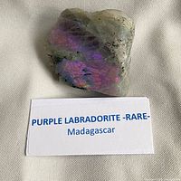Full view of purple labradorite specimen with identification card