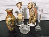 Group shot of all five items: vase, two figurines, trinket dish, glass rose