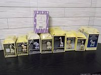 Front view of nine boxed figurines showing full lot