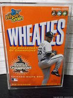 Front of 2005 Wheaties Chicago White Sox World Series Champions cereal box in protective case