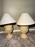 Pair of beige/cream urn-form table lamps with shades