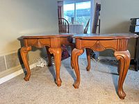 Two cherry veneer cabriole leg end tables side by side