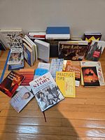 Wide view of all books spread on floor showing variety and quantity