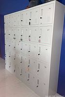 Front view of full 30-door steel locker cabinet