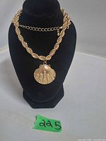 Full view of necklace displayed on bust showing rope chain and shell pendant