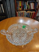 Top view showing full cut glass dish with handles and pattern