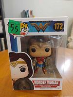 Front of boxed Funko Pop! Heroes #172 Wonder Woman figure showing character through window and box graphics