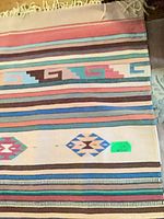 Section of rug showing stripes, diamond motif and fringe