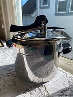 Full view of Lagostina stainless steel pressure cooker with lid in place