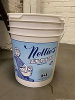 Full view of Nellie’s Laundry Soda bucket showing label and size marking 16.5 kg / 36.37 lb