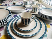 Group view of dinnerware showing plates, bowls, cups, saucers and serving bowls