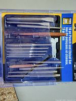 Front view of 16-piece punch and chisel set in packaging